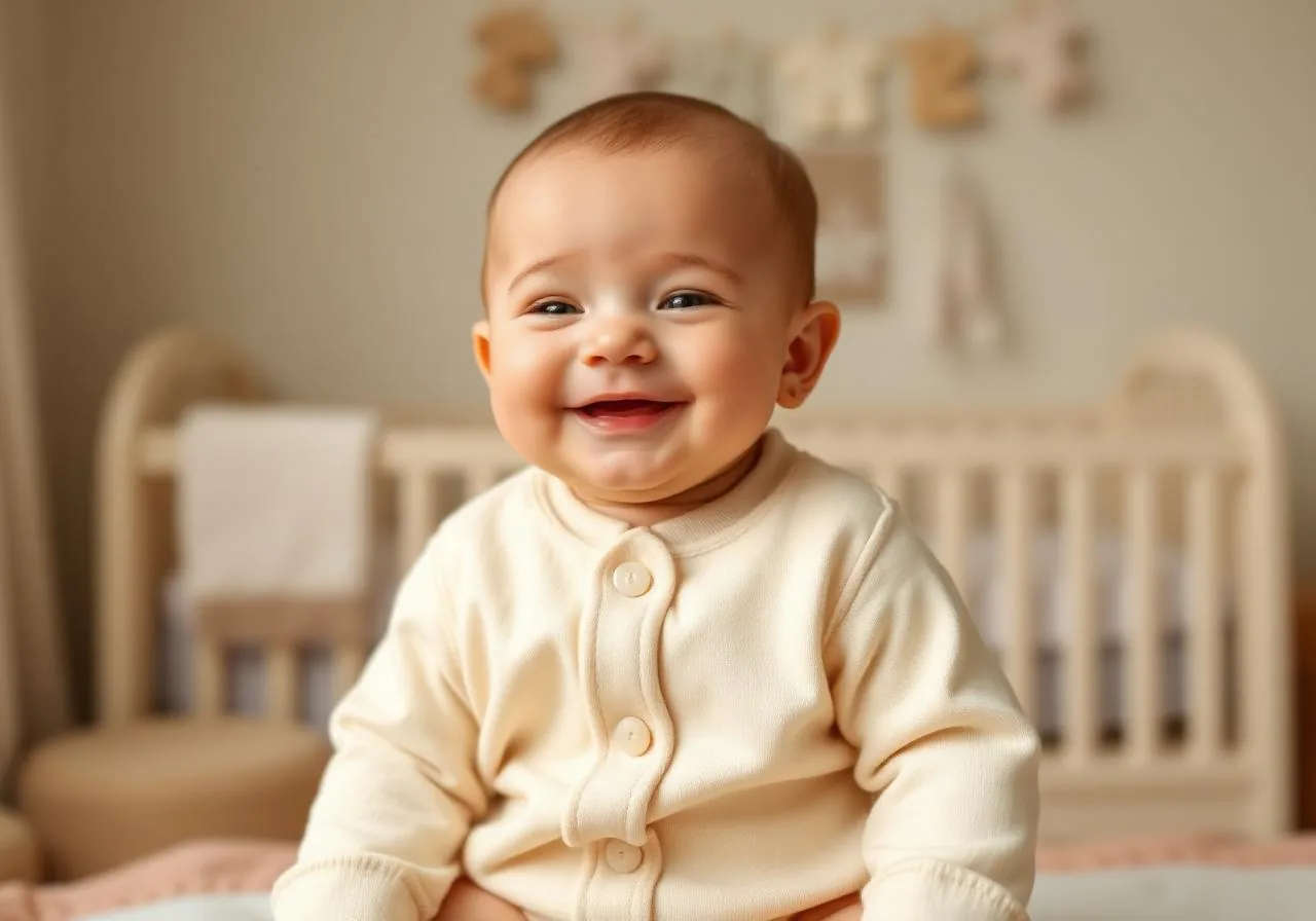 Cheerful baby in unisex newborn clothing sets from the starter kit